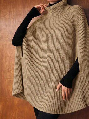 Khaki Casual Women's High Neck Ribbed Knit Cape Sweater